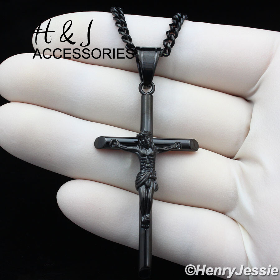 18-36″Stainless Steel 3mm Black Plated Cuban Curb Chain JESUS Cross Pendant*B116