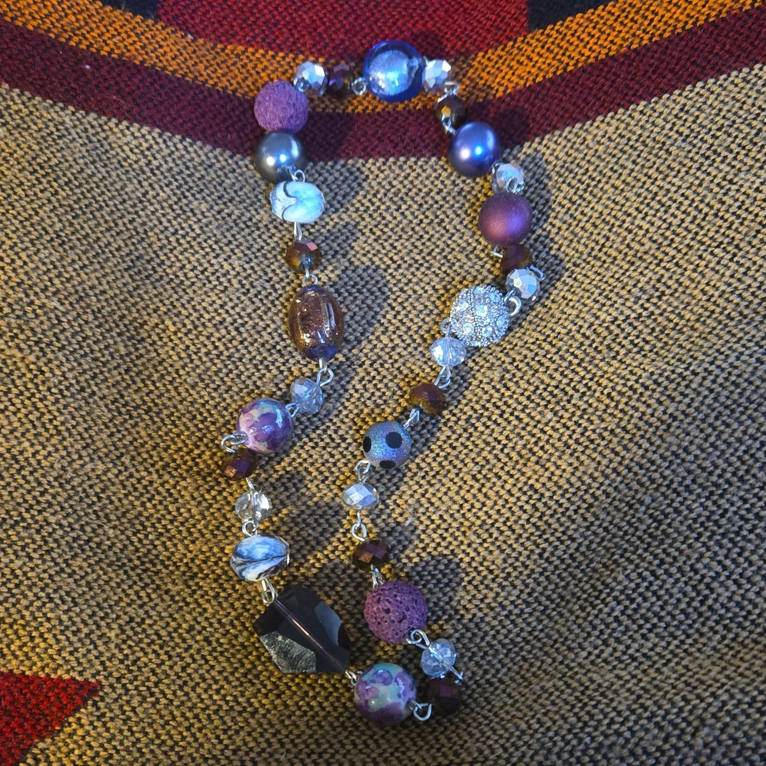 Purple Blue Silver Beaded Necklace Glass Beads Crystal Accents Ball/Bead