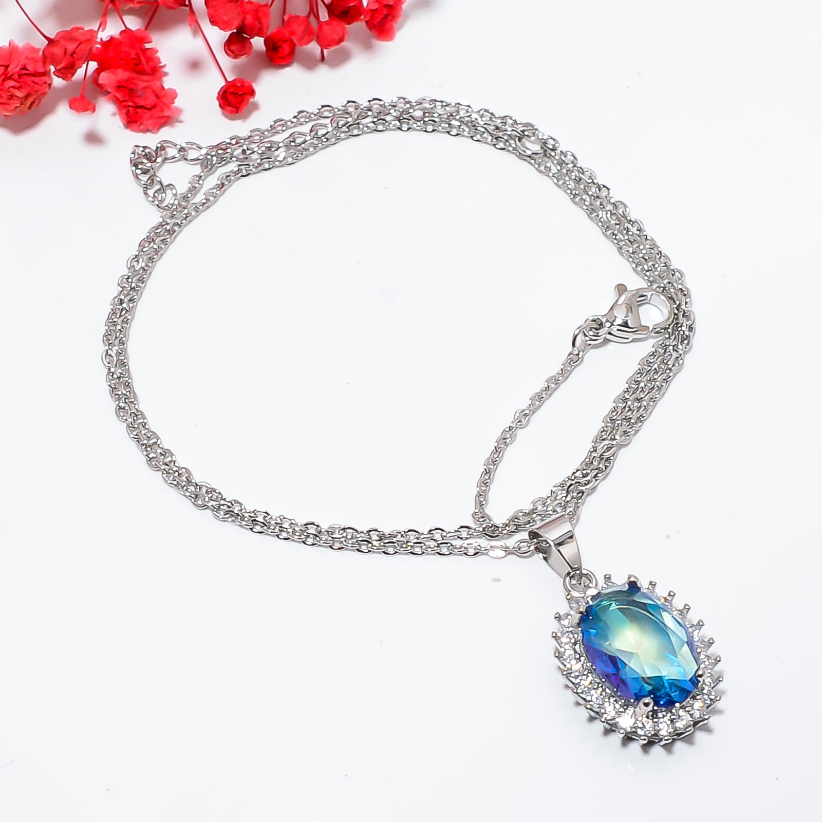 Blue Rainbow Mystic Fire Topaz & Cz 925 Silver Pendant With Chain 18-20″ CP58757